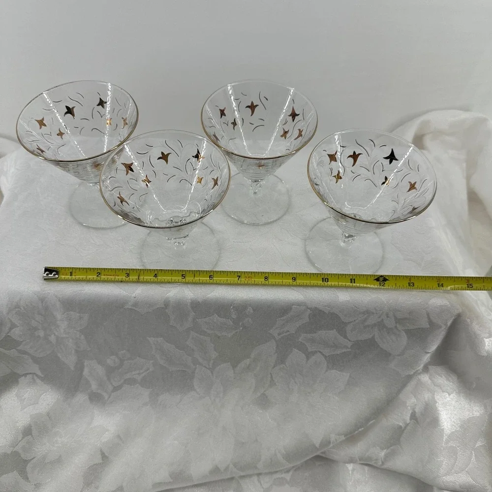 Vintage Royal Fern Martini Coupe Glasses Clear Gold Starburst Excellnt MCM Libby